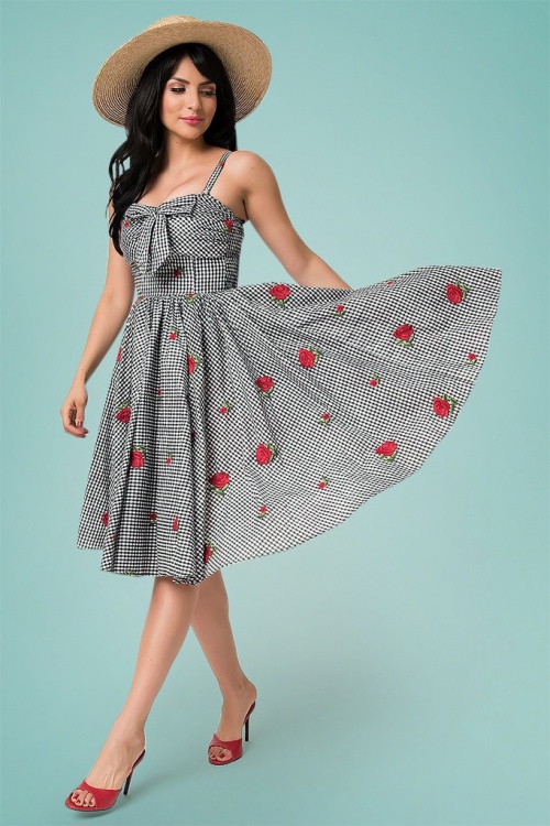 Unique Vintage - 50s Golightly Gingham Roses Swing Dress in Black and White 2