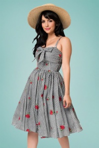 Unique Vintage - 50s Golightly Gingham Roses Swing Dress in Black and White