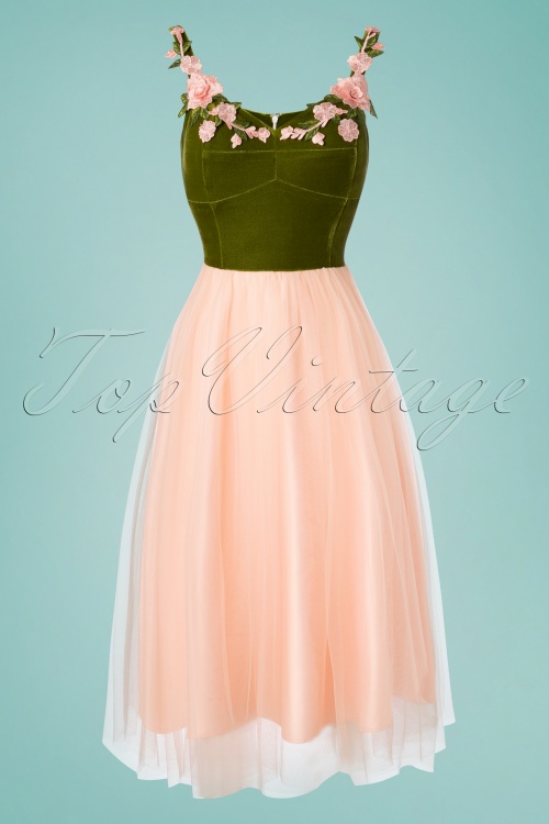 Collectif Clothing - 50s Josie Occasion Swing Dress in Pink and Green 2