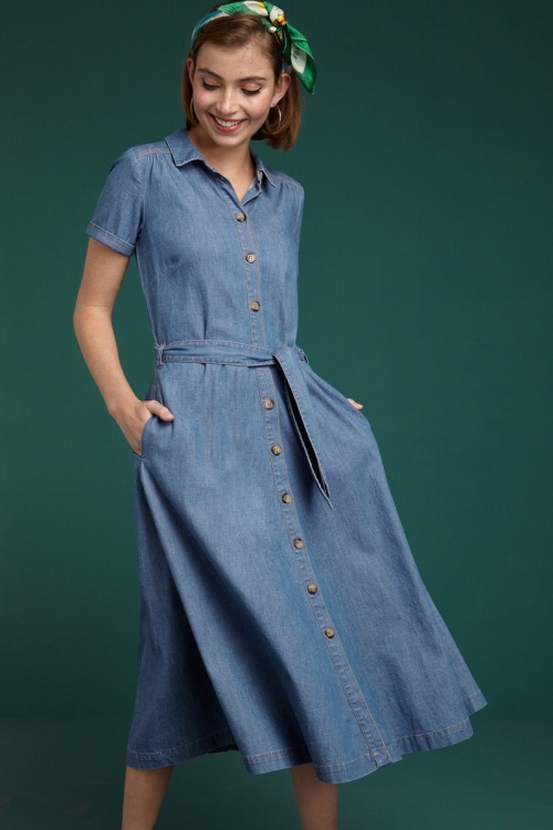 Betere 60s Olive Chambray Dress in River Blue CA-69