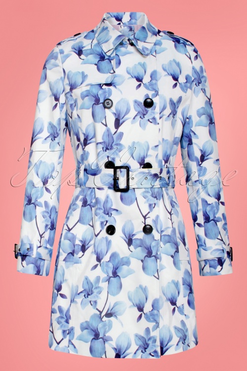 Smashed Lemon - 60s Bionda Floral Trench Coat in White and Blue 2