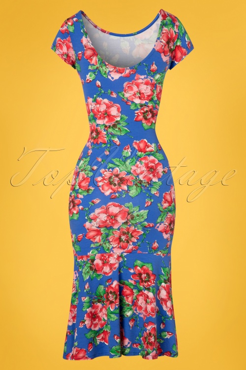 Topvintage Boutique Collection - Beau Floral Pencil Dress Années 50 en Bleu 3