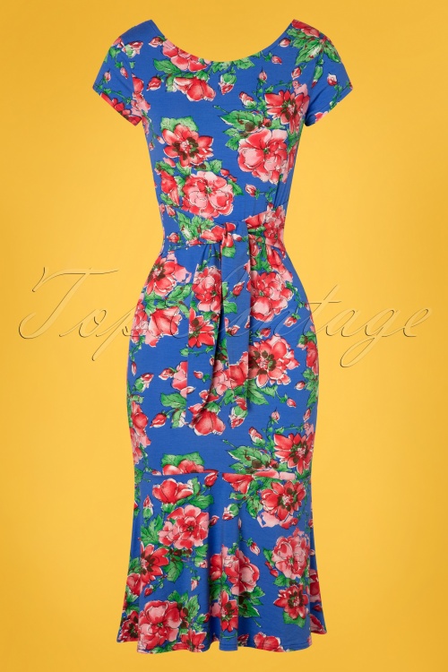 Topvintage Boutique Collection - Beau Floral Pencil Dress Années 50 en Bleu 2
