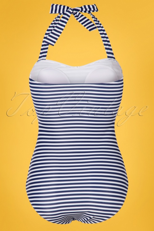 Pussy Deluxe - Maritim Collar Stripes Swimsuit Années 50 en Bleu Marine et Blanc 6