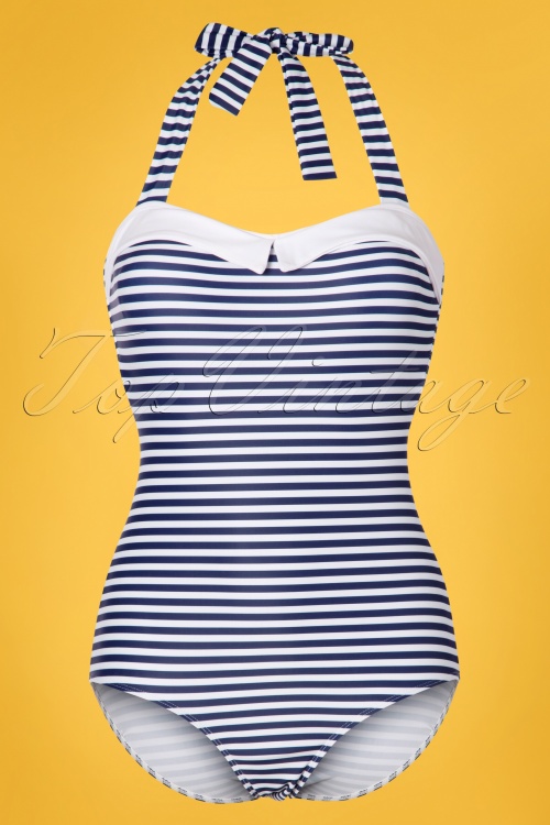 Pussy Deluxe - 50s Maritim Collar Stripes Swimsuit in Navy and White 5