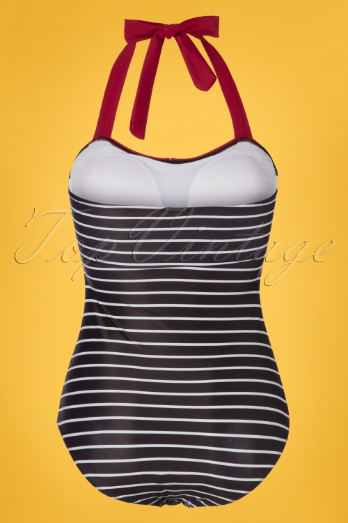 Pussy Deluxe - 50s Holiday Collar Stripes Swimsuit in Black and Red 4