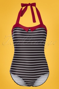 Pussy Deluxe - 50s Holiday Collar Stripes Swimsuit in Black and Red 3
