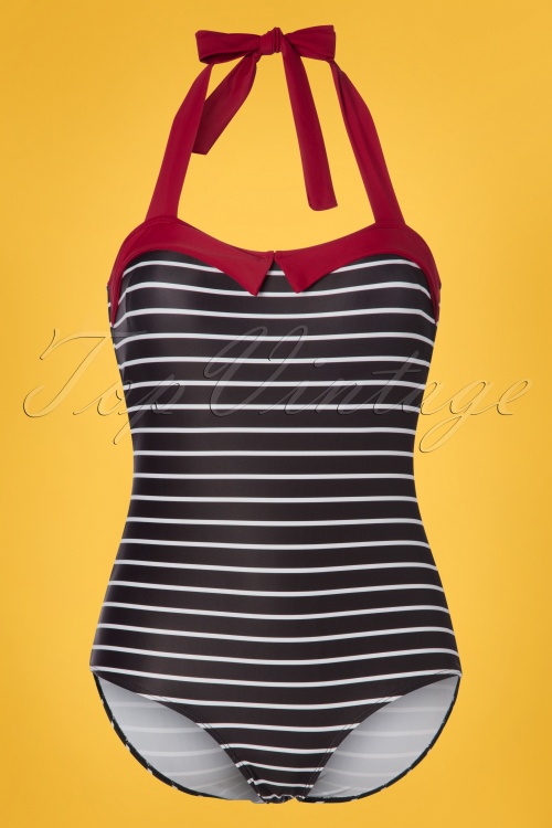 Pussy Deluxe - 50s Holiday Collar Stripes Swimsuit in Black and Red 3
