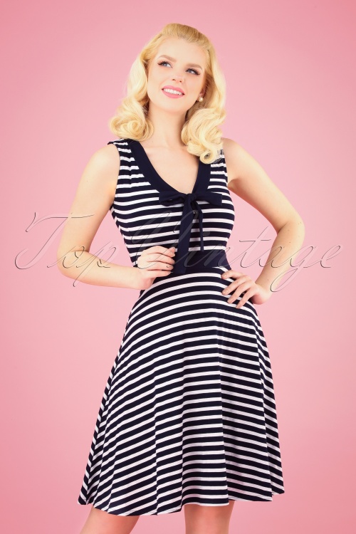 Topvintage Boutique Collection - Malia Stripes Dress Années 50 en Bleu Marine et Blanc