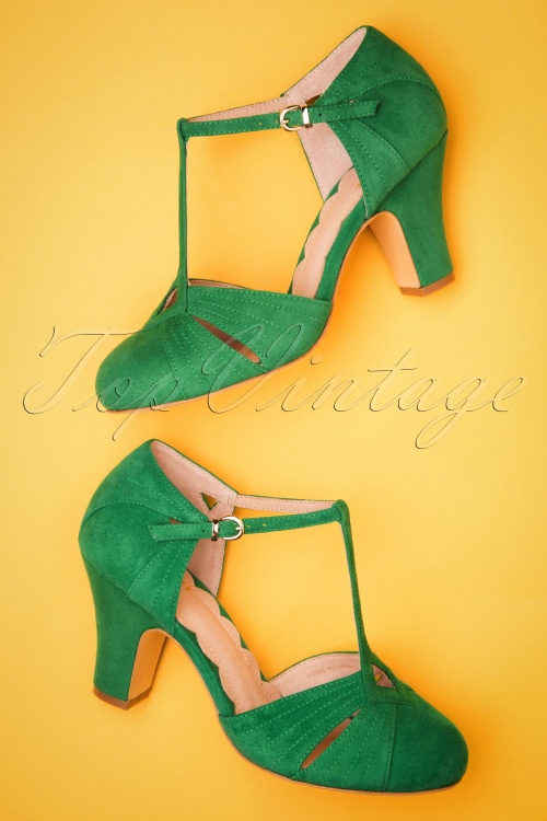 Miss L-Fire - 20s Hepworth Suede T-Strap Pumps in Green 2