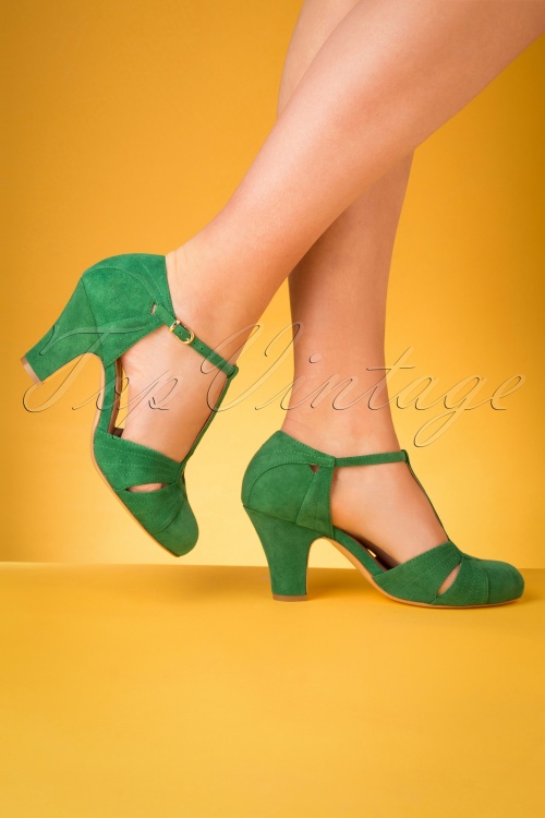Miss L-Fire - 20s Hepworth Suede T-Strap Pumps in Green 3
