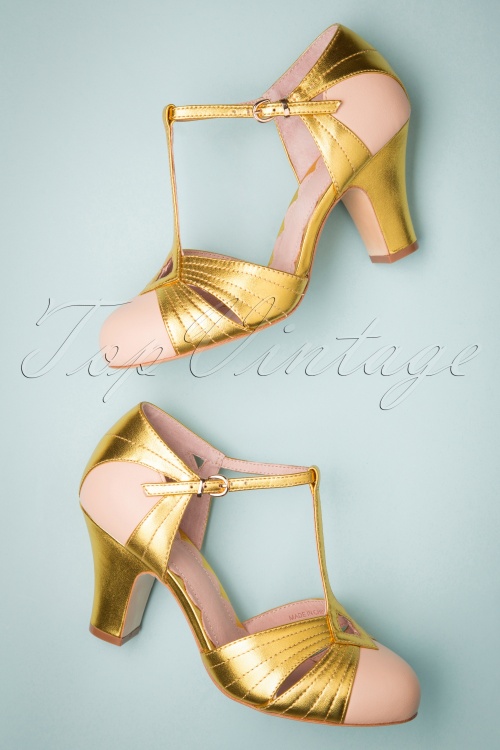 Miss L-Fire - 20s Hepworth T-Strap Pumps in Gold and Nude
