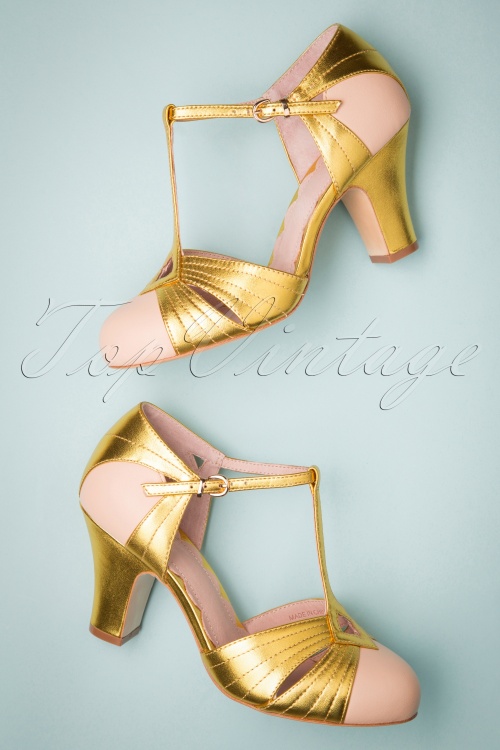 gold t strap pumps