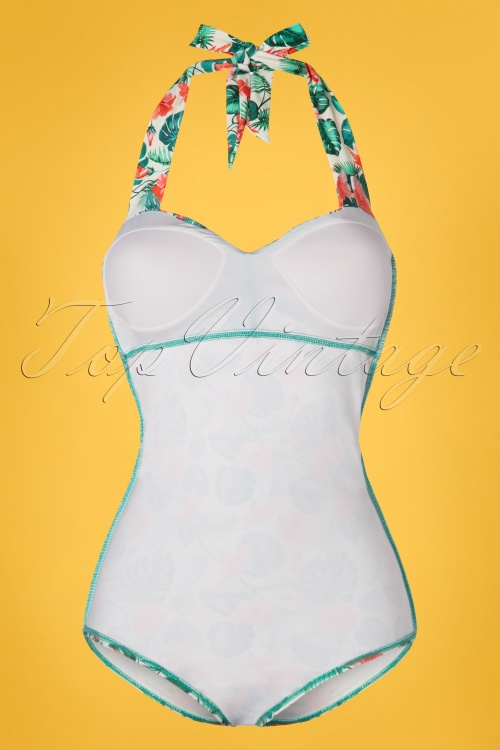 Banned Retro - 50s Hibiscus Halter Swimsuit in Cream 6