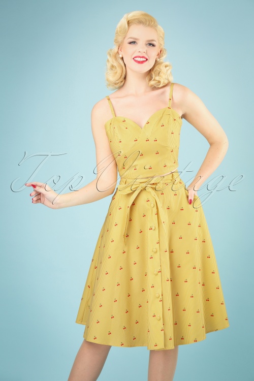 Vixen - Emily Swing Skirt Années 50 en Cerises sur Rayures Jaunes