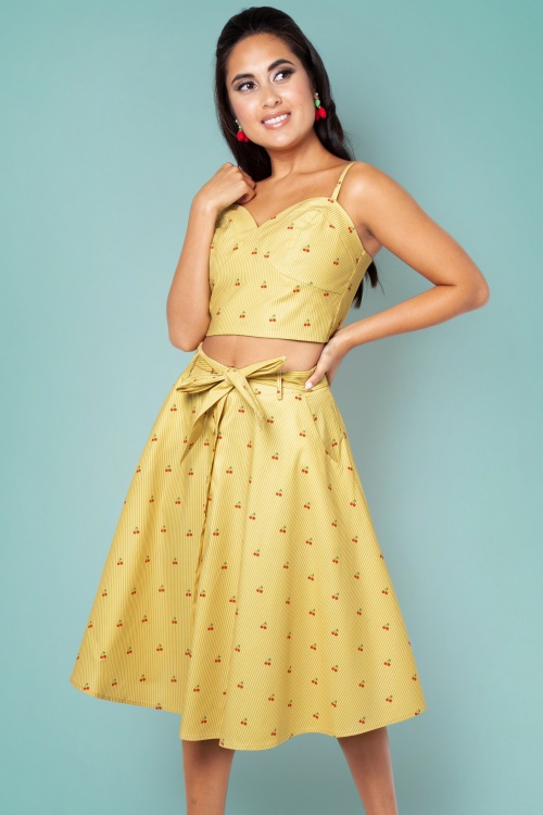 Vixen - 50s Emily Swing Skirt in Cherry Stripe Yellow 2