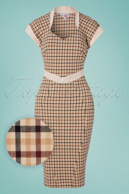 Miss Candyfloss - 50s Tremaine Lee Wiggle Dress in Tan Tartan 2