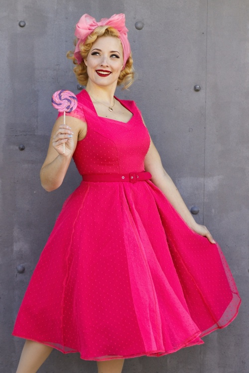 Miss Candyfloss - Celia Polkadot Swing Dress Années 50 en Rose Magenta