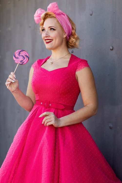 Miss Candyfloss - Celia Polkadot Swing Dress Années 50 en Rose Magenta 2