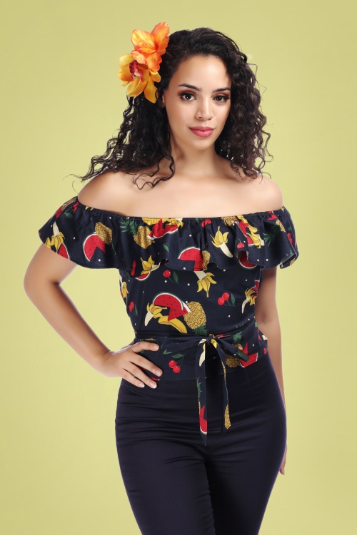 Collectif Clothing - 50s Marietta Polka Fruit Frill Top in Navy