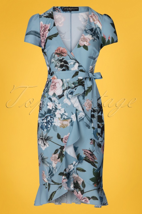 Little Mistress - Rori Floral Wrap Dress Années 50 en Bleu 2