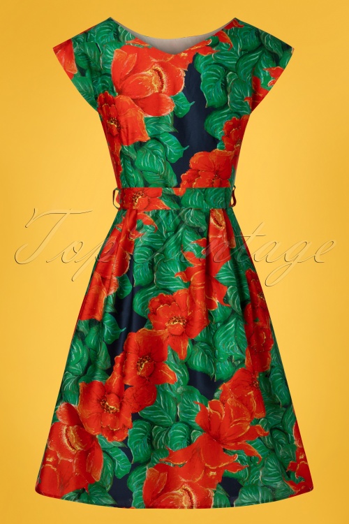 Palava - 50s Beatrice Camellia Swing Dress in Red and Green 4