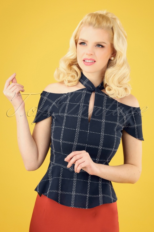 Banned Retro - 50s Chill Check Peplum Top in Navy