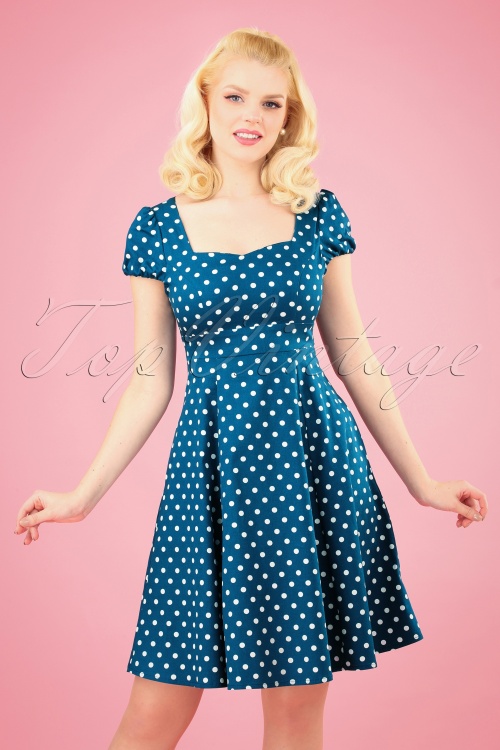 Dolly and Dotty - 50s Claudia Polkadot Swing Dress in Peacock Blue