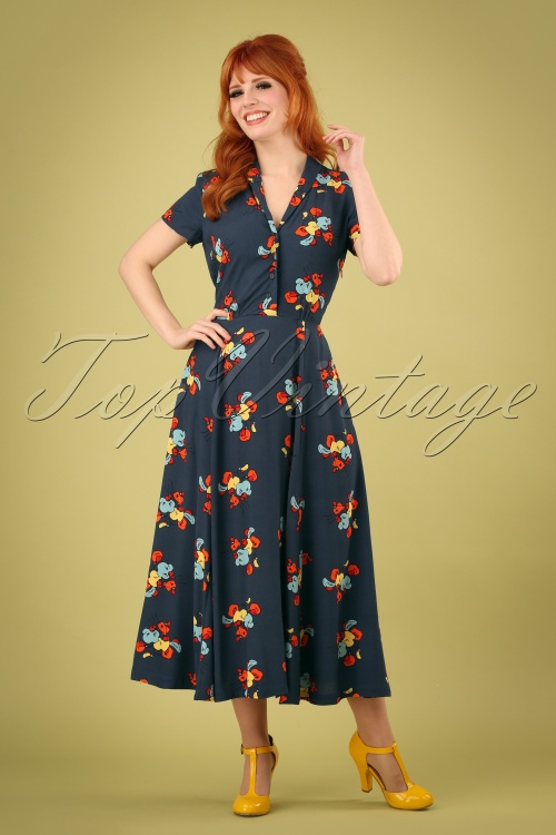 Emily and Fin - 70s Adele Sweet Pea Floral Midi Dress in Blue