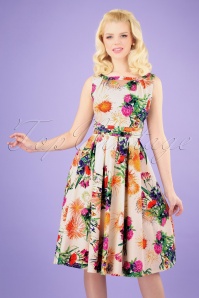 Hearts & Roses - 50s Marya Pleated Floral Swing Dress in Light Yellow