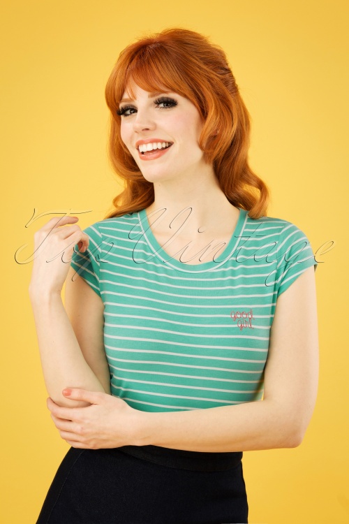 Mademoiselle YéYé - 60s Casual Elegance Top in Mint and White Stripes