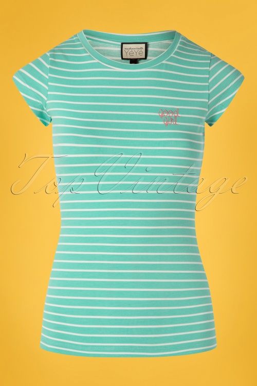 Mademoiselle YéYé - 60s Casual Elegance Top in Mint and White Stripes 2