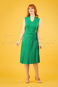 Pretty Vacant - Dina Drawstring Dress Années 60 en Vert Rayé