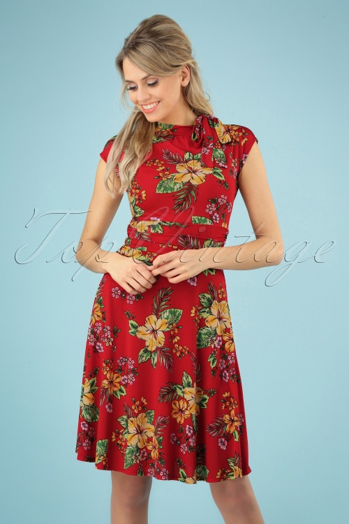 Retrolicious - Audrey Tiki Floral Bombshell Dress Années 50 en Rouge