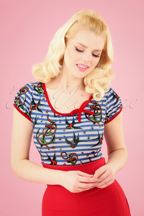 Sassy Sally - Leona Ahoi Sailor Top Années 50 en Bleu