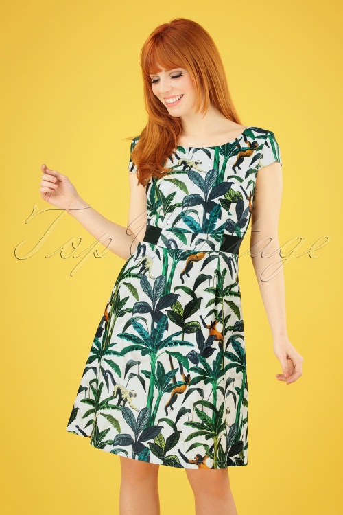 Smashed Lemon - Jungle Monkey Dress Années 60 en Blanc