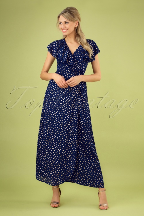 Wild Pony - Gina Polka Dot Maxi Dress Années 70 en Bleu