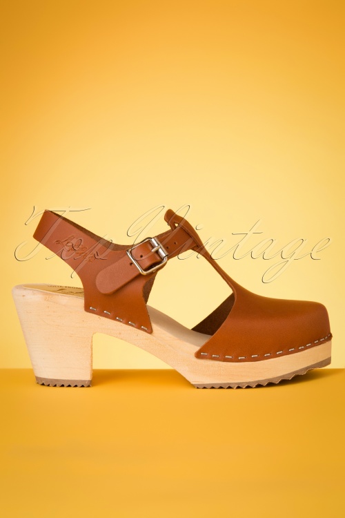 Lotta from Stockholm - Highwood T-Strap Leather Clogs Années 60 en Brun Clair