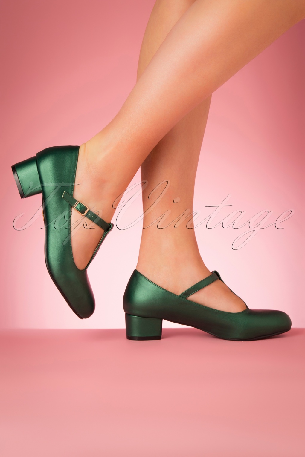 60s Chrissie TStrap Pumps in Emerald Green