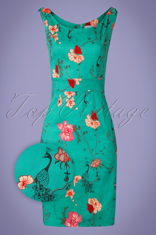 Banned Retro - 50s Peacock Baroque Wiggle Dress in Teal 2