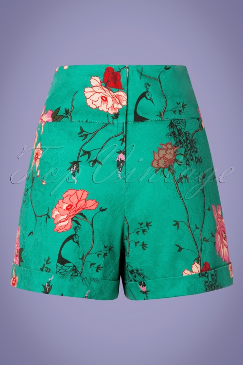 Banned Retro - 50s Peacock Baroque Shorts in Teal 3