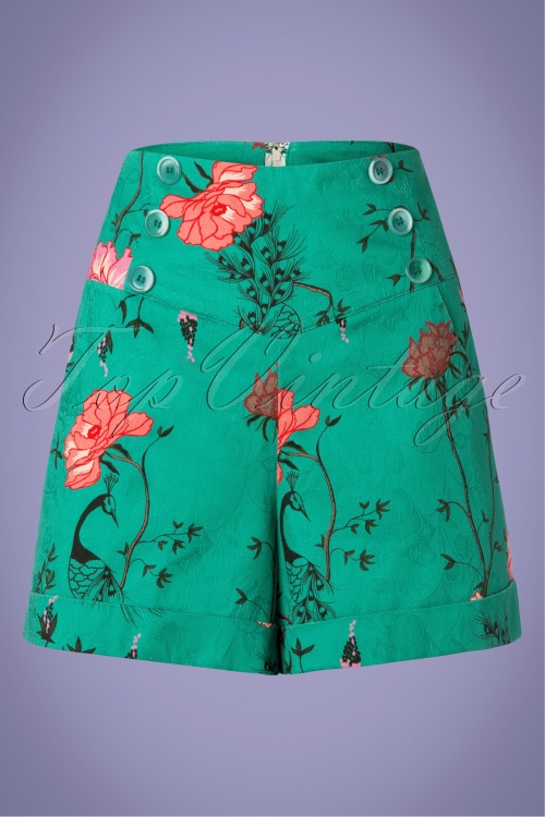 Banned Retro - 50s Peacock Baroque Shorts in Teal 2