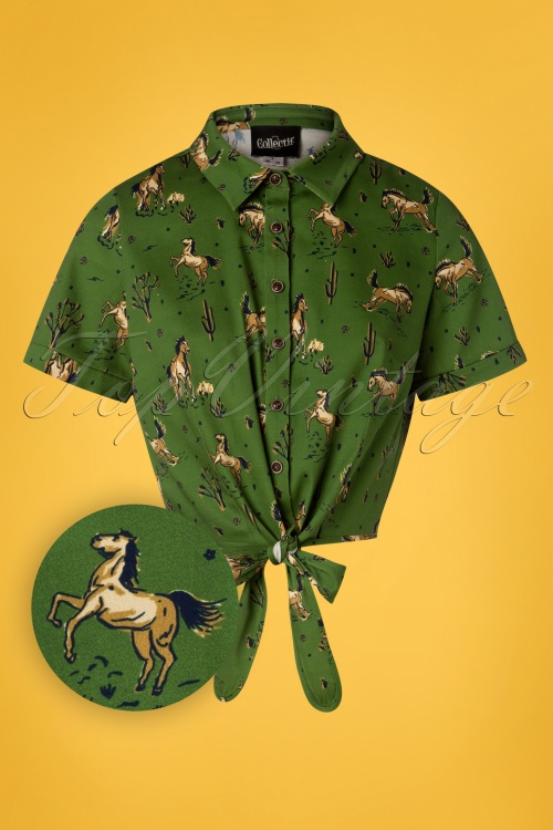 Collectif Clothing - Sammy Wild West Tie Blouse Années 50 en Vert Olive 2