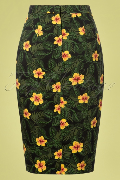 Collectif Clothing - Kala Tropical Hibiscus Sarong Skirt Années 50 en Noir 3