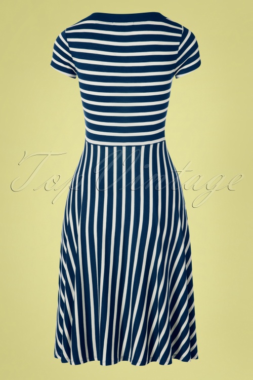 Fever - Rita Striped Dress Années 50 en Bleu Marine et Crème 4