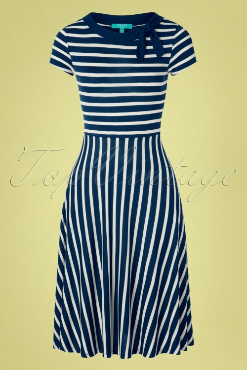Fever - Rita Striped Dress Années 50 en Bleu Marine et Crème