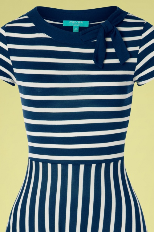 Fever - Rita Striped Dress Années 50 en Bleu Marine et Crème 2