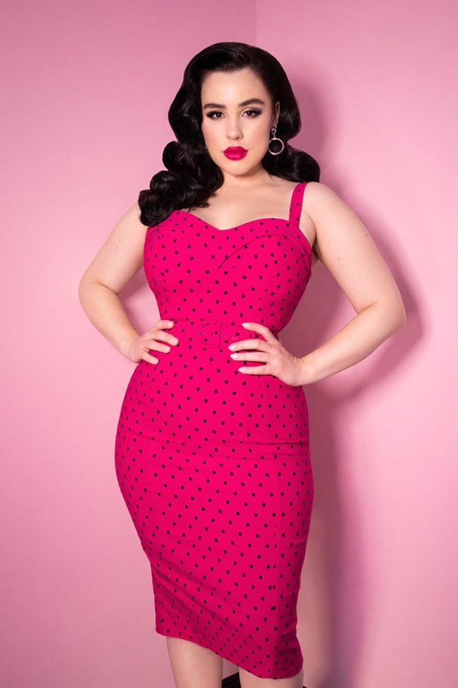 Vixen by Micheline Pitt 50s Maneater Polkadot Wiggle Dress in Hot Pink Shop at Topvintage