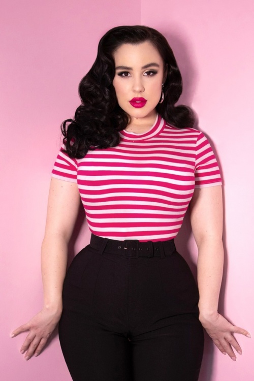 Vixen by Micheline Pitt - 50s Girl Gang Top in Pink and White Stripes