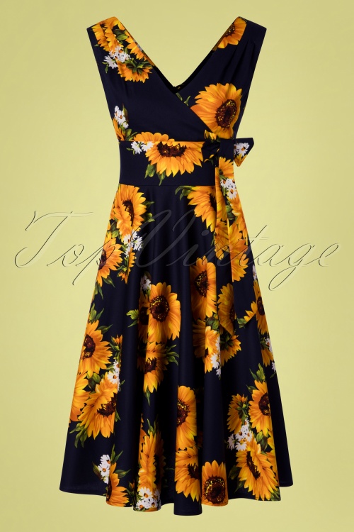 Timeless - 50s Ella Sunflowers Swing Dress in Navy 2